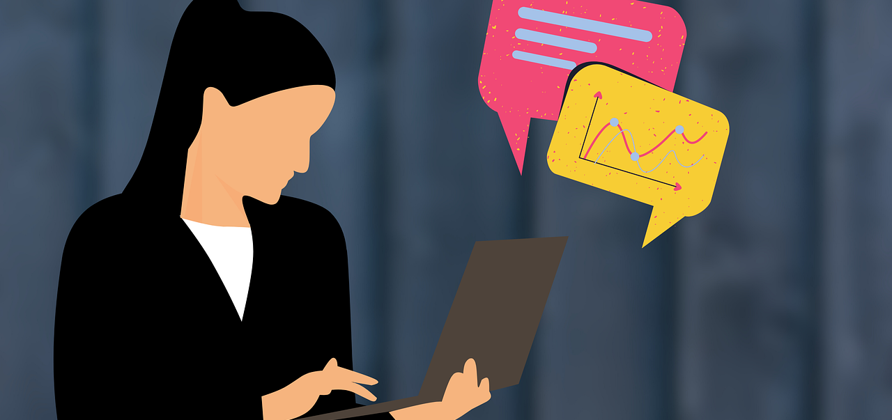 Illustration of a woman holding a laptop and with a couple of diagrams jumping out of it